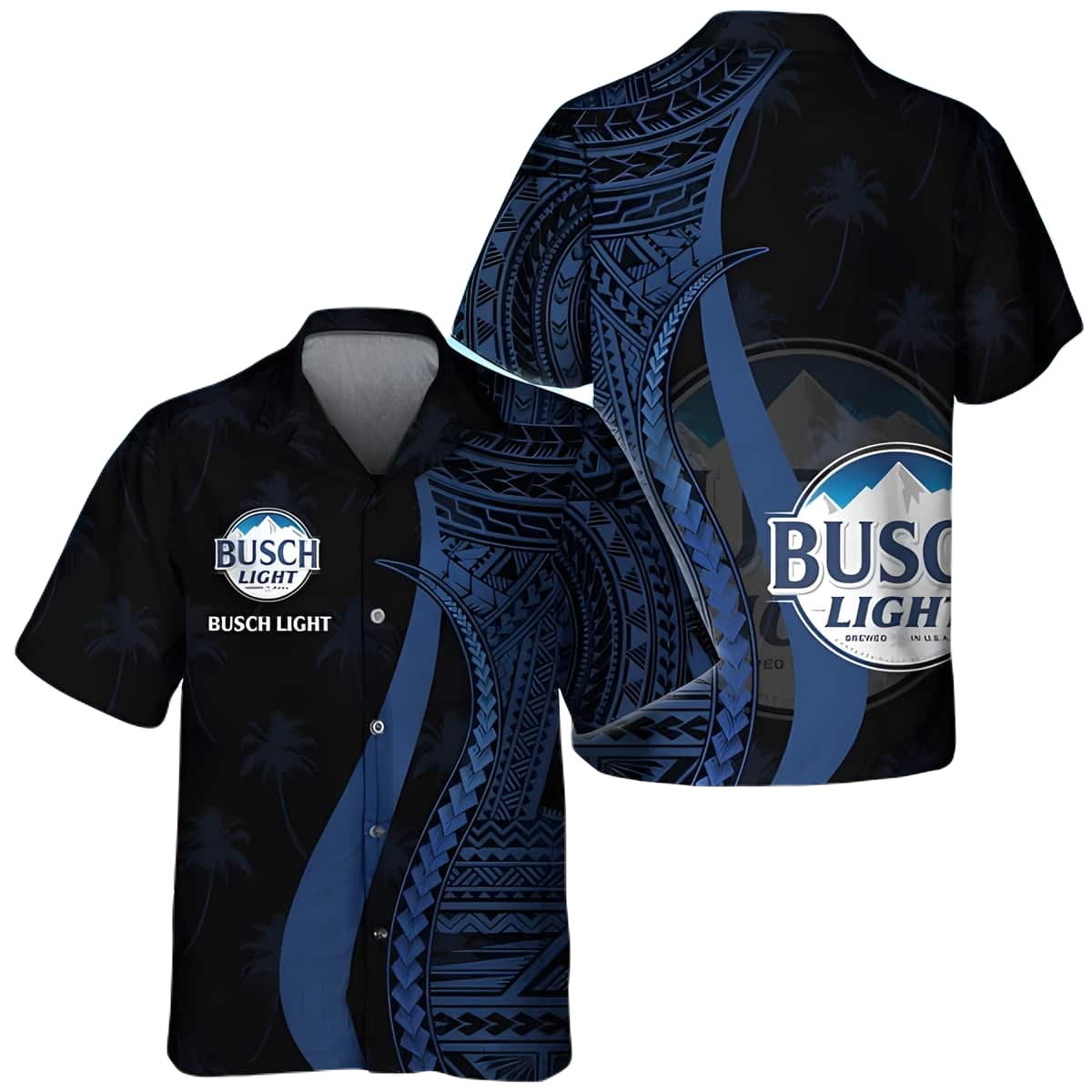 NoClaws Busch Light Hawaii Shirt Blue Polynesian Pattern Busch Light Aloha Shirt Black Blue Unisex Adults New Release