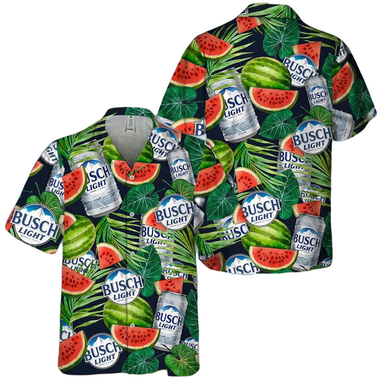 NoClaws Busch Light Hawaii Shirt Busch Light Watermelon Tropical Leaves Pattern Hawaiian Shirt Green Unisex