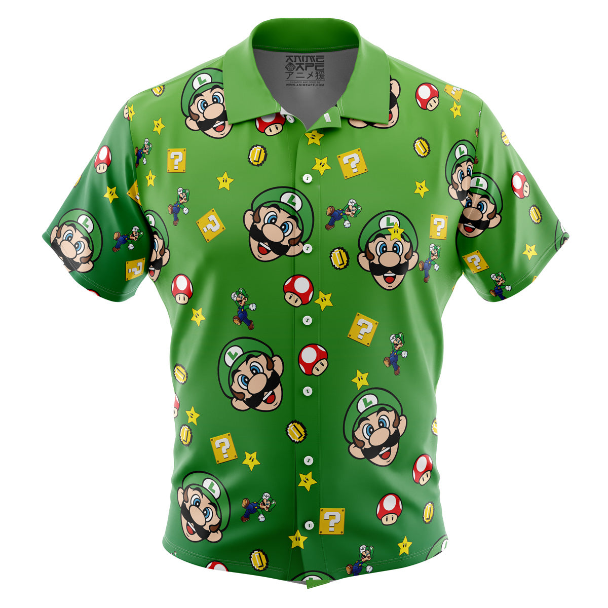 Luigi Pattern Super Mario Bros Button Up Hawaiian Shirt