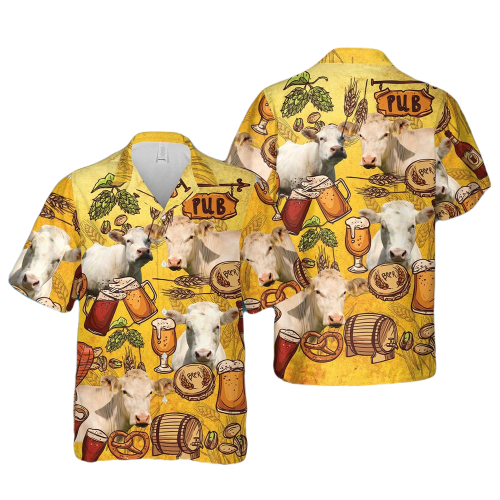 NoClaws Beer Hawaii Shirt Cow Beer Pub Barrel Mug Pattern Hawaiian Shirt Yellow Unisex
