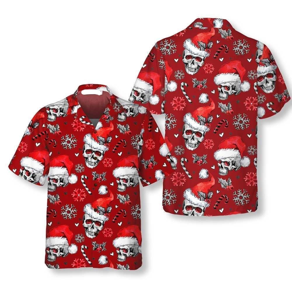 NoClaws Christmas Hawaii Shirt Christmas Skulls With Candy Canes Hawaiian Shirt Red Unisex