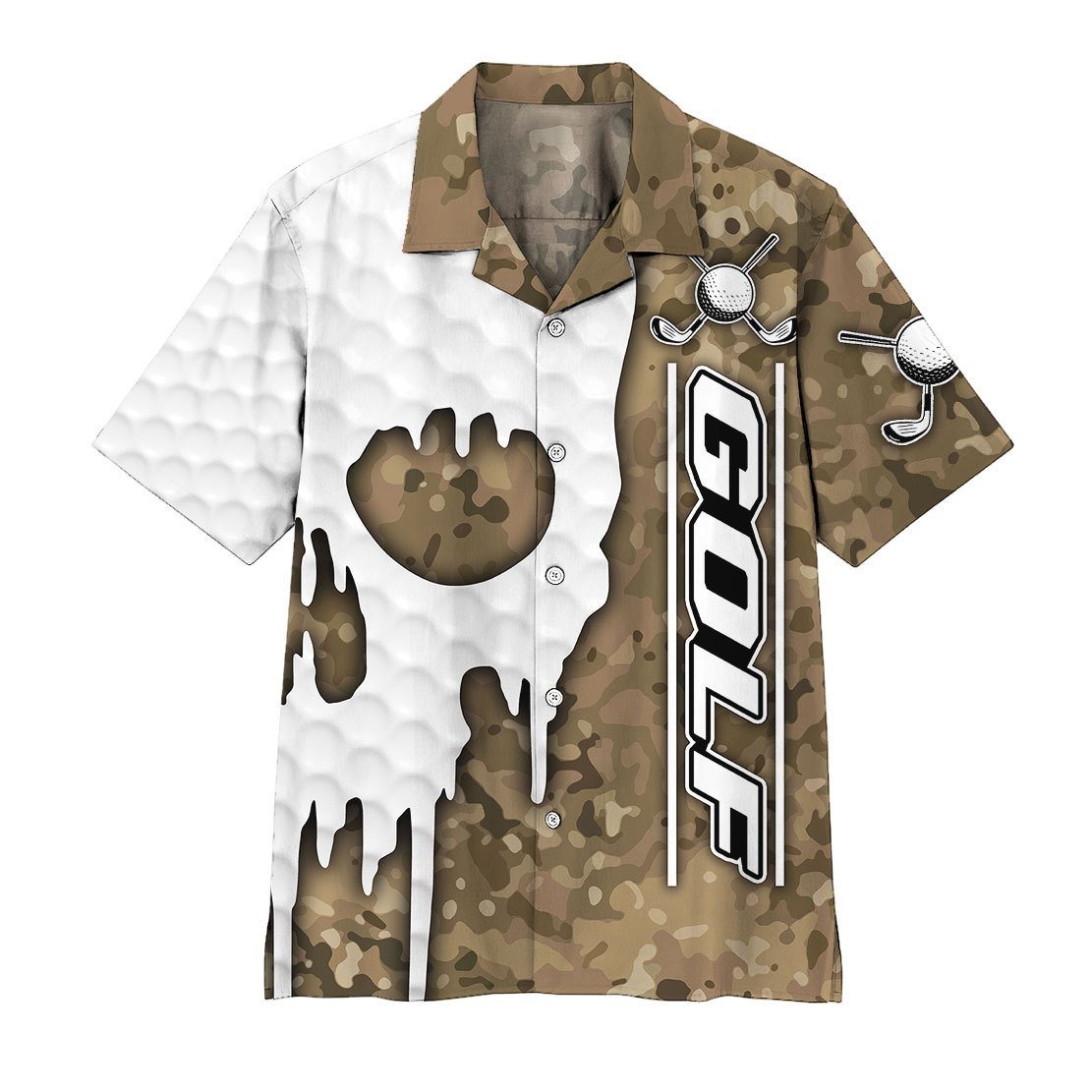 NoClaws Golf Hawaii Shirt Skull Camo Golf Ball Skin Pattern Hawaiian Shirt White Brown Unisex