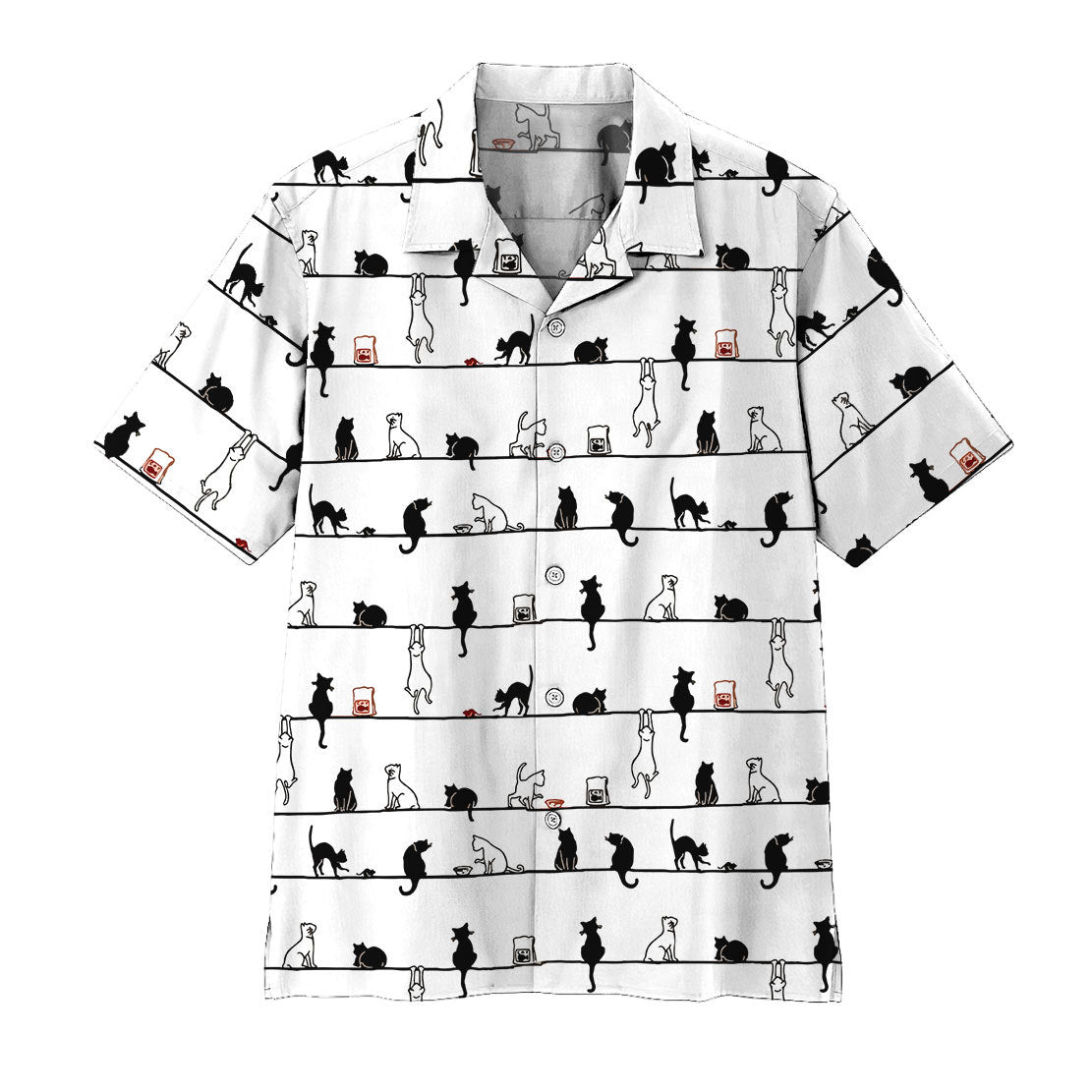 NoClaws Cat Hawaii Shirt Cute Cat Pose Playing Pattern Hawaiian Shirt Black White Unisex