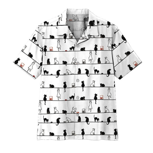 NoClaws Cat Hawaii Shirt Cute Cat Pose Playing Pattern Hawaiian Shirt Black White Unisex