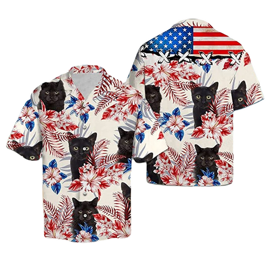 NoClaws Cat Hawaii Shirt Black Cat Hibiscus Flower American Flag Hawaiian Shirt Colorful Unisex