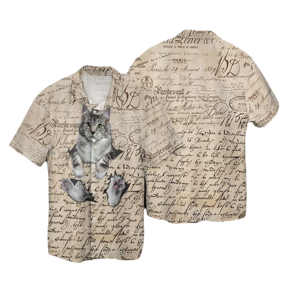 NoClaws Cat Hawaii Shirt Cat And Letter Pattern Hawaiian Shirt Brown Unisex