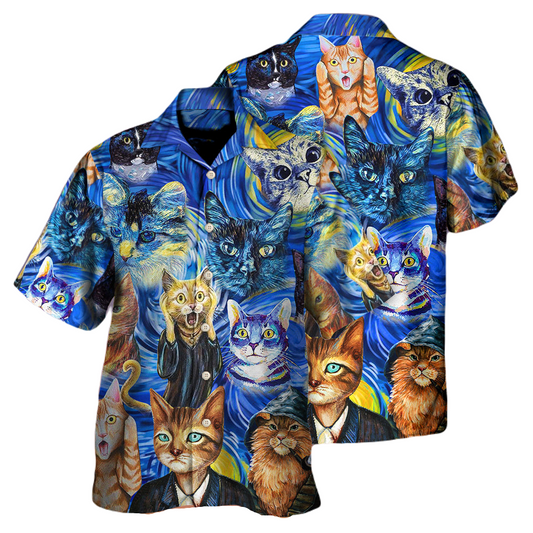 NoClaws Cat Hawaii Shirt Cat Starry Night Funny Hawaiian Shirt Blue Unisex