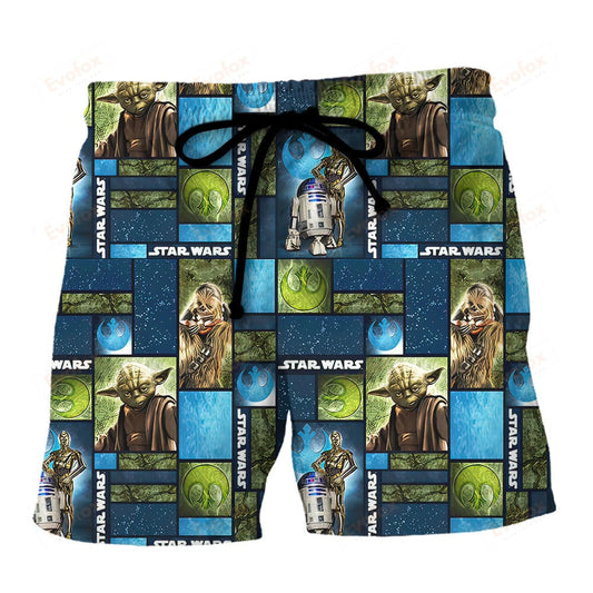 Starwars Shorts Starwars Chewie R2-D2 C-3Po Pattern Beach Shorts Blue Green