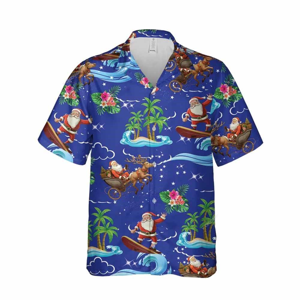 NoClaws Christmas Hawaii Shirt Santa Claus Surfing On Reindeer Sleigh Hawaiian Shirt Blue Unisex