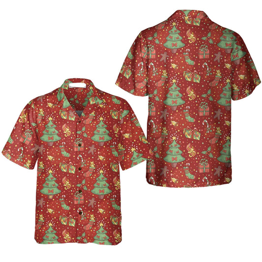 NoClaws Christmas Hawaii Shirt Christmas Tree Gifts Socks Confetti Pattern Hawaiian Shirt Red Unisex