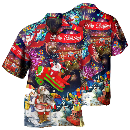 NoClaws Christmas Hawaii Shirt Santa On Plane Fireworks Christmas Hawaiian Shirt Colorful Unisex