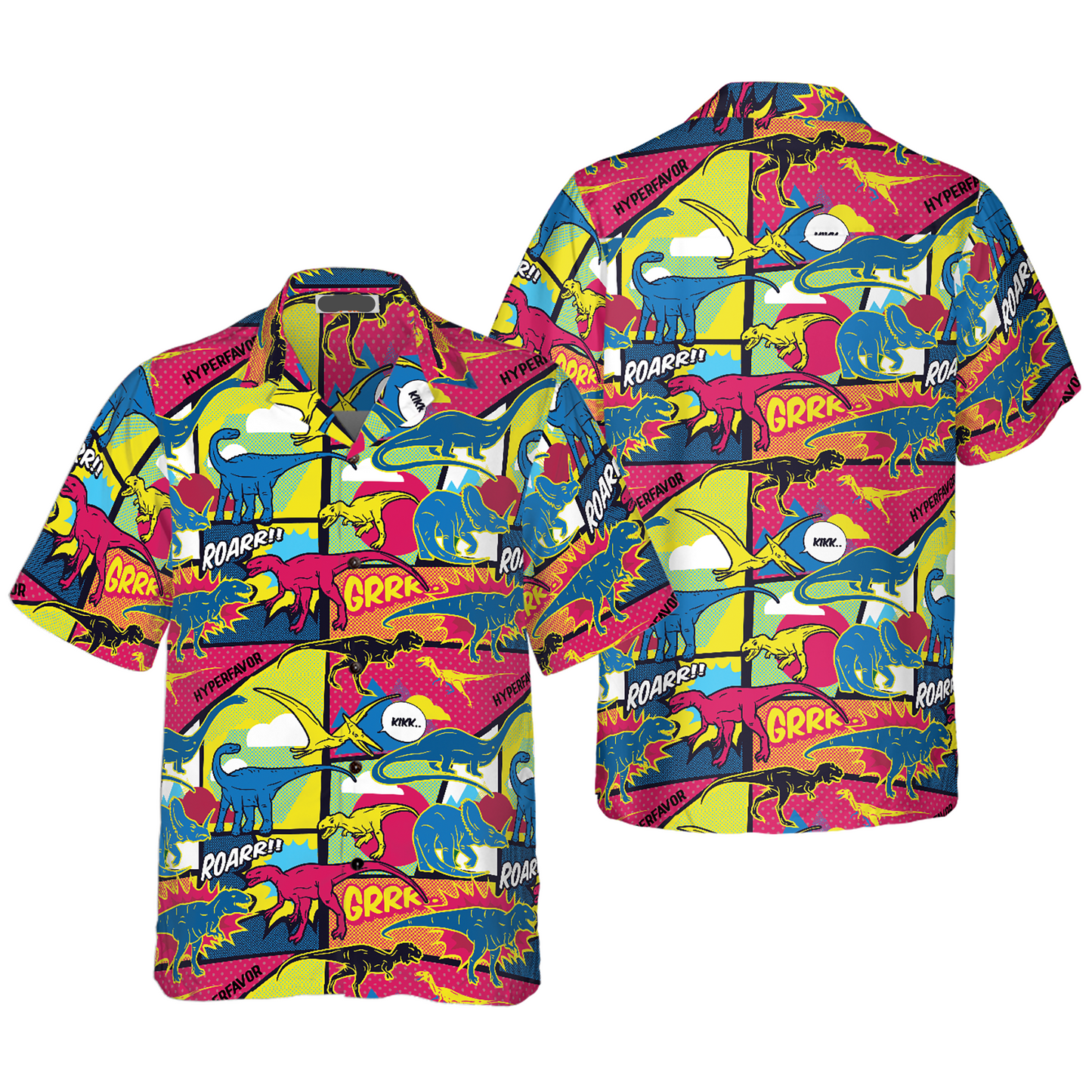 NoClaws Dinosaur Hawaii Shirt Comic Dinosaur Roar Grrr Pattern Hawaiian Shirt Colorful Unisex