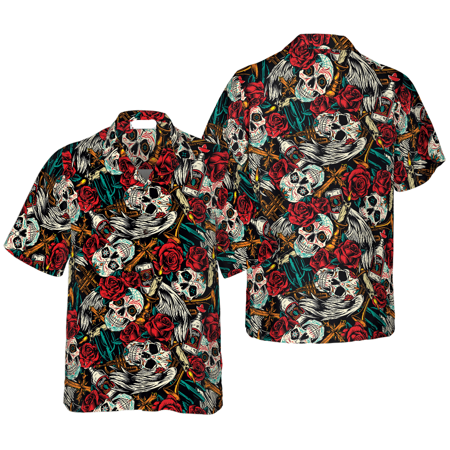 NoClaws Skull Hawaii Shirt Sugar Skull Rose Candle Pattern Hawaiian Shirt Red White Unisex