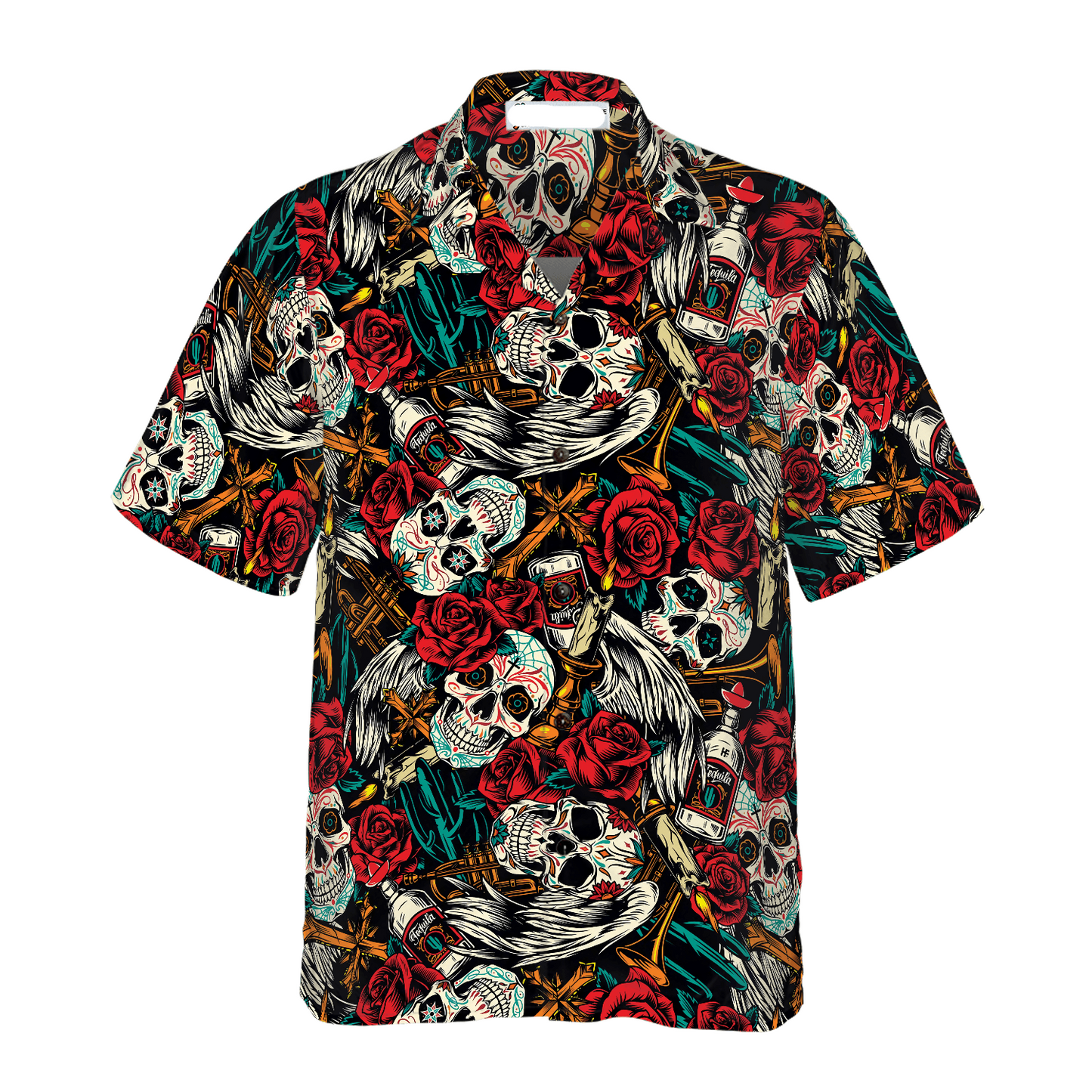 NoClaws Skull Hawaii Shirt Sugar Skull Rose Candle Pattern Hawaiian Shirt Red White Unisex