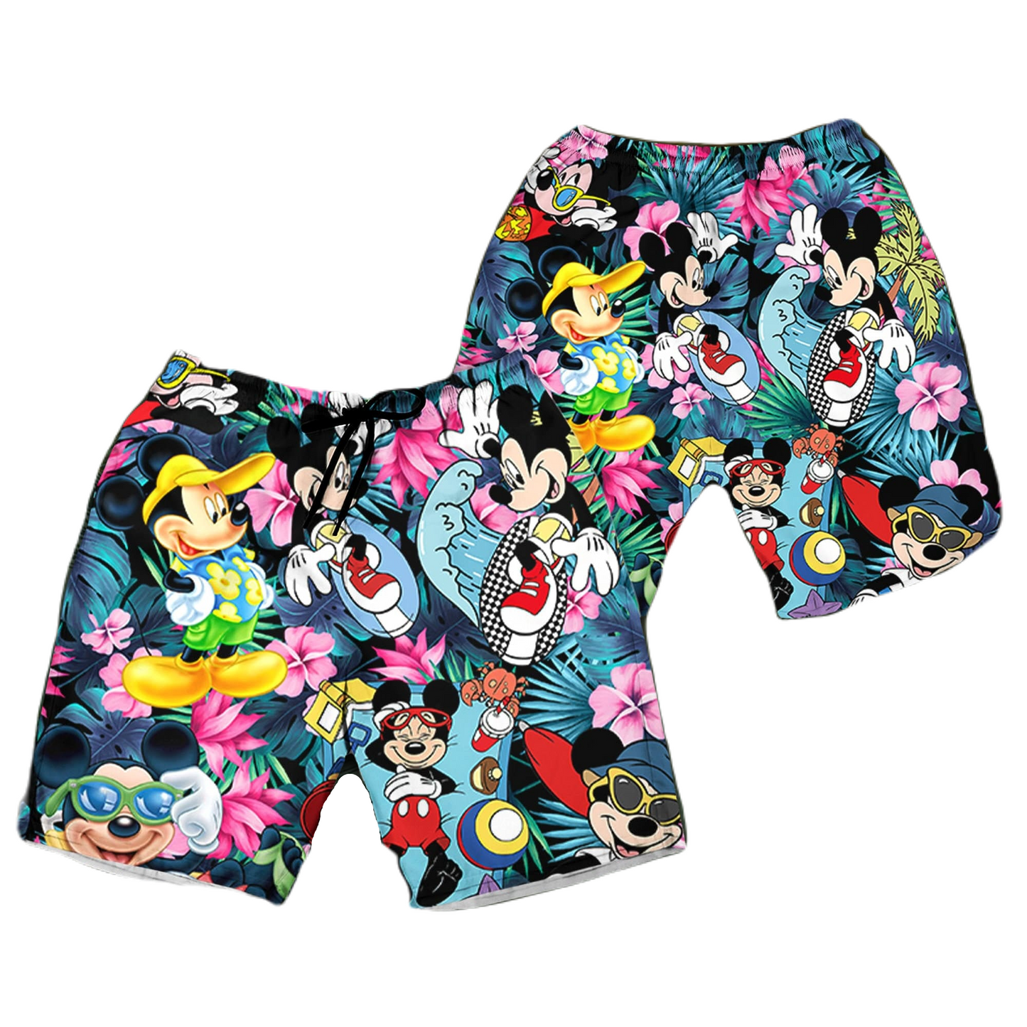 Mickey Mouse Shorts Disney Mickey Mouse Poses Tropical Hibiscus Flowers Beach Shorts Green
