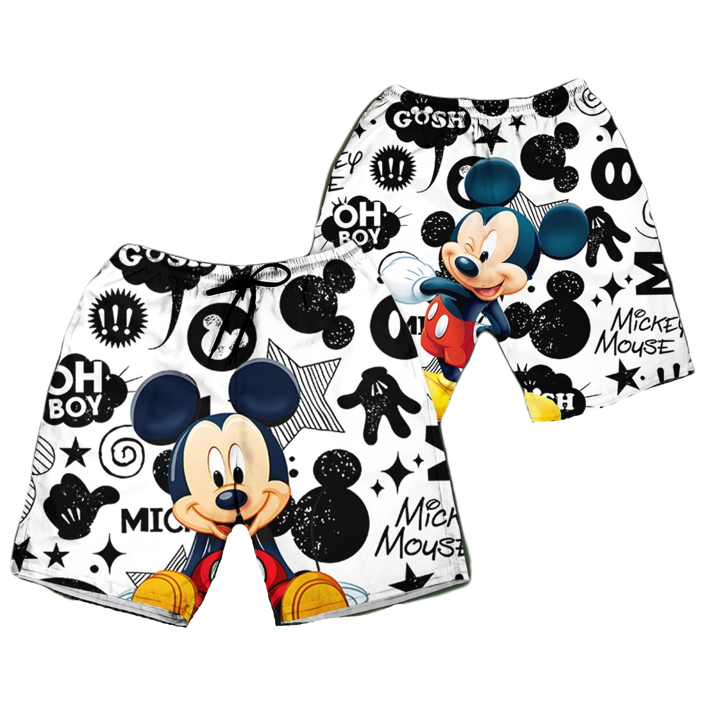 Mickey Mouse Shorts Mickey Mouse Sitting Mouse Head Stars Pattern Beach Shorts Black White