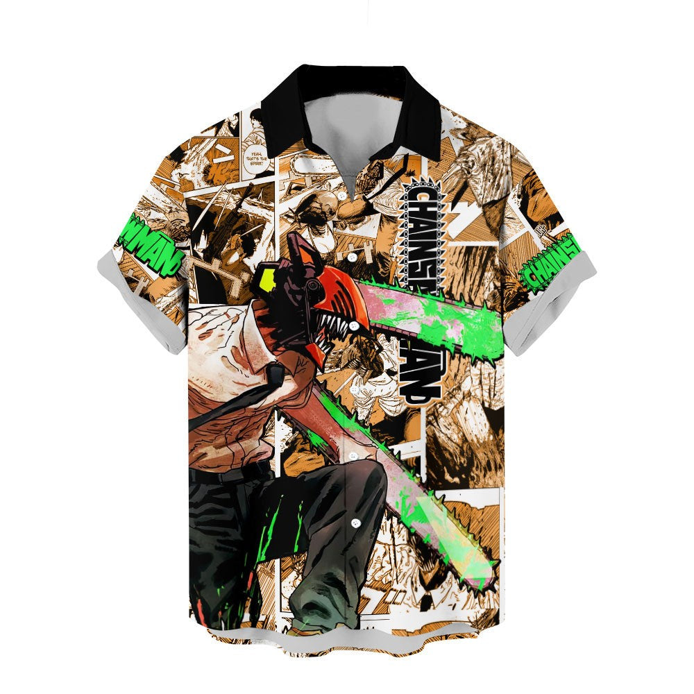 NoClaws Chainsaw Man Hawaii Shirt Denji Character Manga Style Pattern Aloha Shirt Brown Unisex