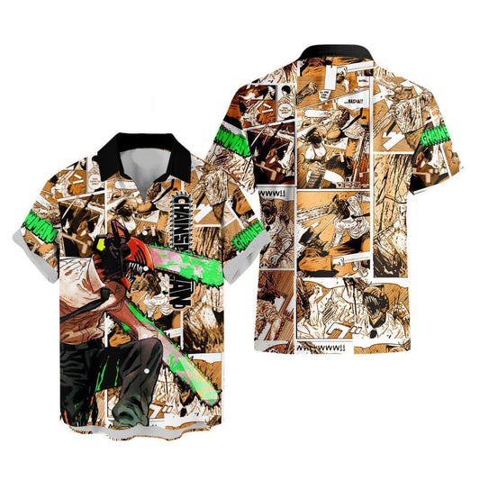 NoClaws Chainsaw Man Hawaii Shirt Denji Character Manga Style Pattern Aloha Shirt Brown Unisex