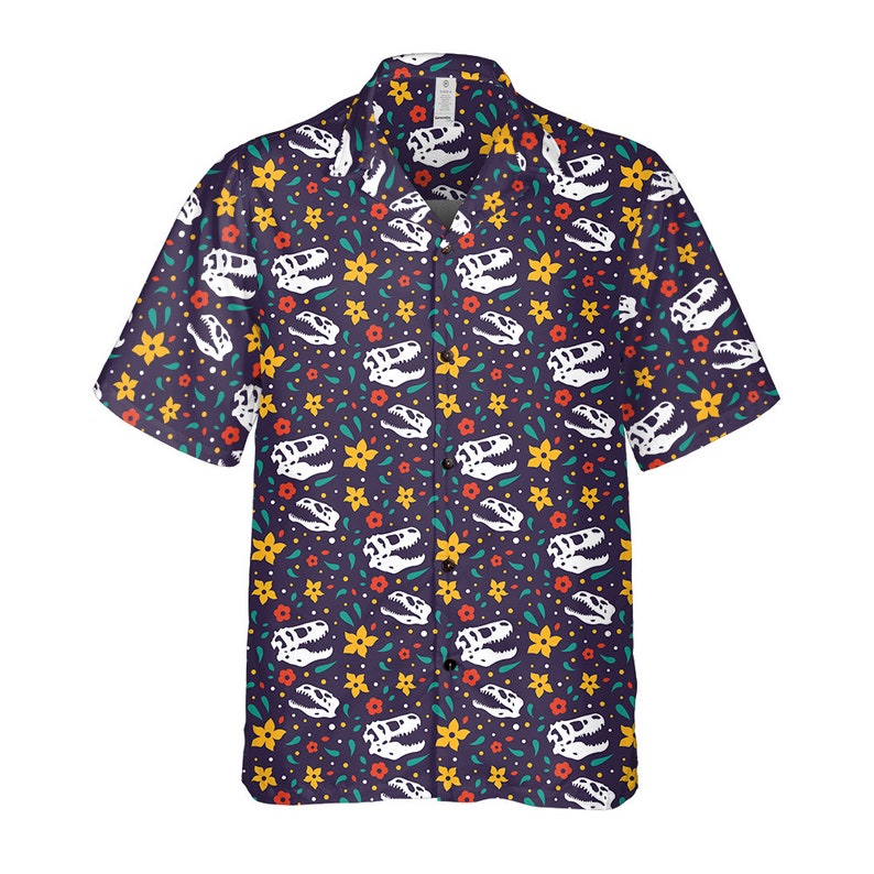 NoClaws Dinosaur Hawaii Shirt Cute Dinosaur Fossil Flower Pattern Hawaiian Shirt Colorful Unisex