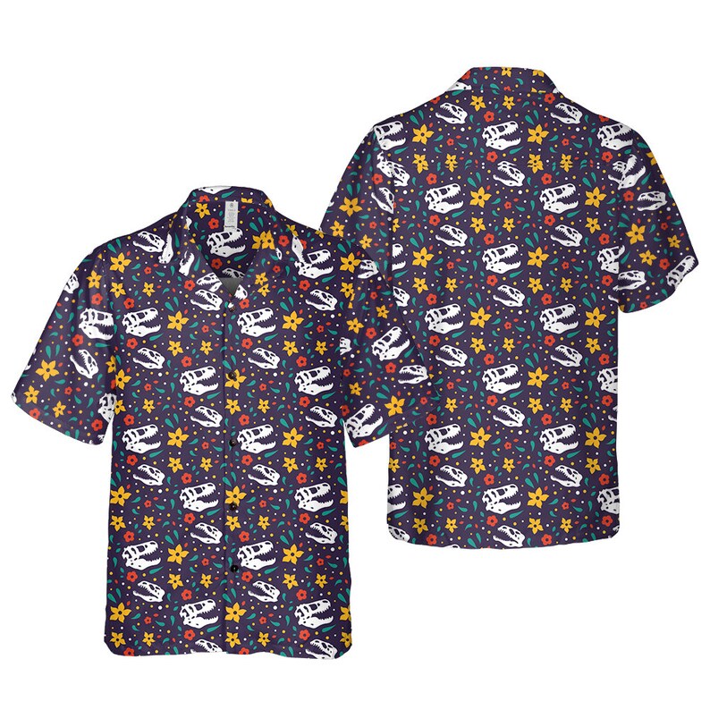 NoClaws Dinosaur Hawaii Shirt Cute Dinosaur Fossil Flower Pattern Hawaiian Shirt Colorful Unisex