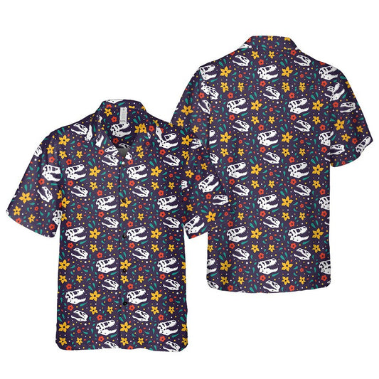 NoClaws Dinosaur Hawaii Shirt Cute Dinosaur Fossil Flower Pattern Hawaiian Shirt Colorful Unisex
