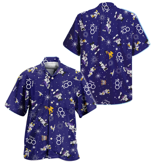 NoClaws Disney Hawaii Shirt Disney 100 Years Of Wonder Pattern Aloha Shirt Blue Unisex Adults New Release