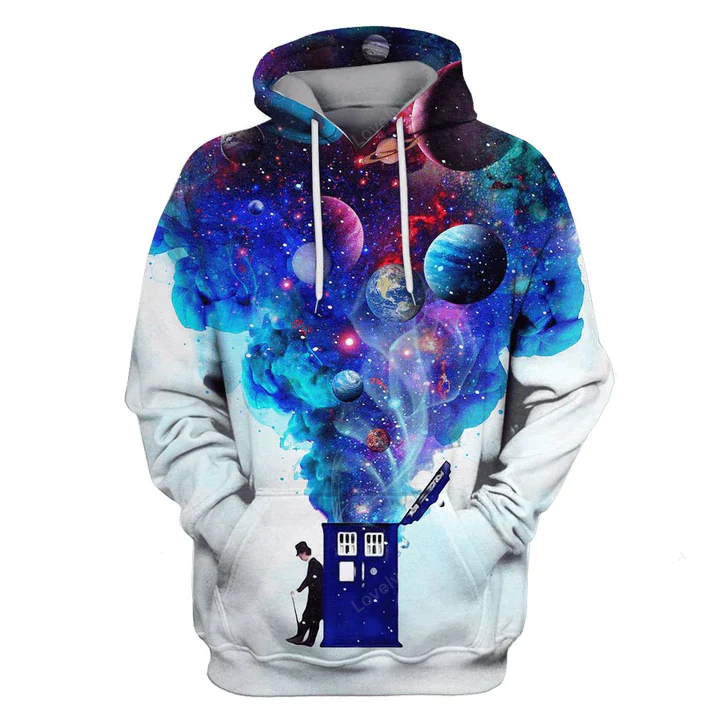 Doctor Who Hoodie Doctor Who Tardis Police Box Planets Hoodie White Blue Unisex