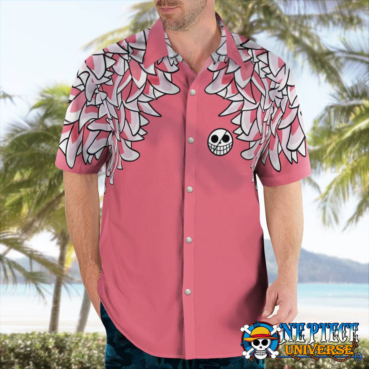 Pink One Piece Doflamingo Pattern Button Up Hawaiian Shirt For Sale | One Piece Universe Store
