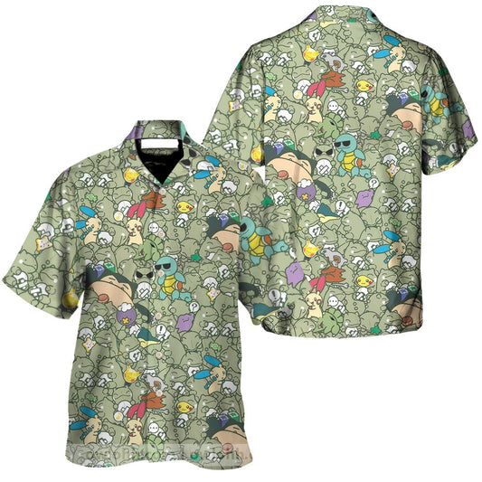 NoClaws Pokemon Hawaii Shirt All Pokemon Graphic Doodle Pattern Aloha Shirt Green Unisex