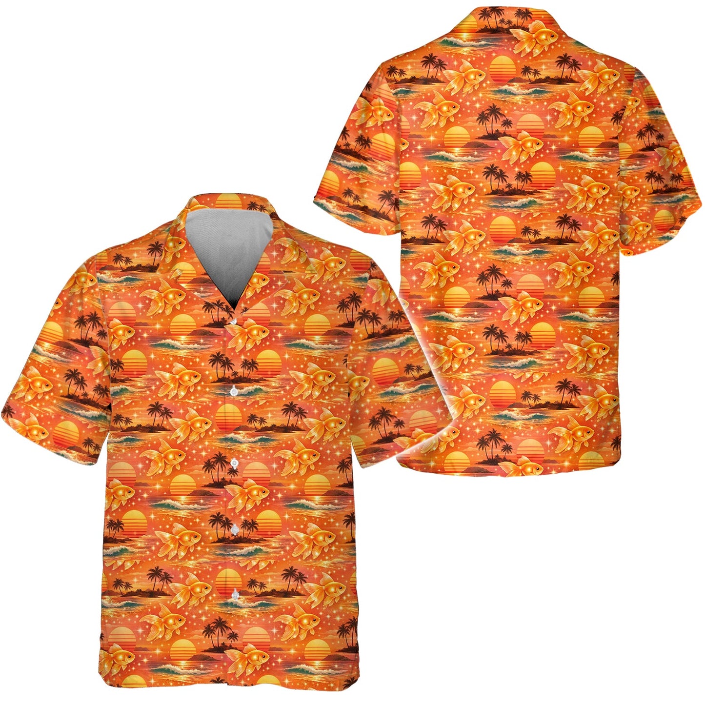 Goldfish Hawaiian Shirt, Sunset Beach Tropical Aloha Shirt, Ocean Summer Vacation Shirt