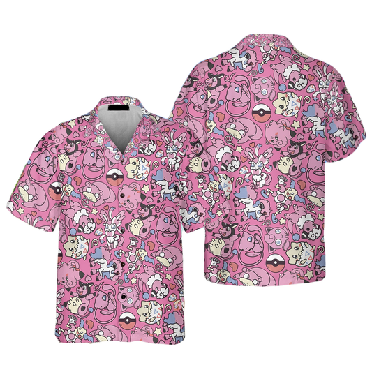 NoClaws Pokemon Hawaii Shirt All Fairy-type Pokemon Pattern Aloha Shirt Pink Unisex