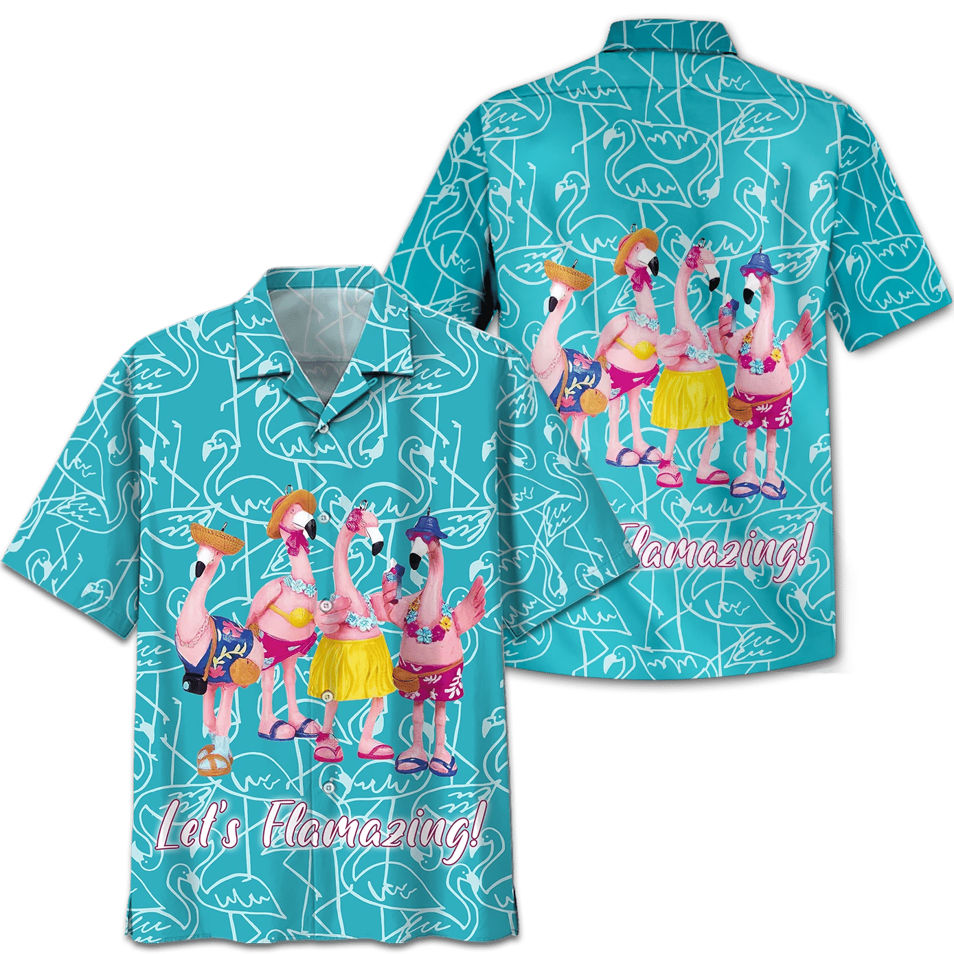 NoClaws Flamingo Hawaii Shirt Let’s Flamazing Tropical Pattern Hawaiian Shirt Pink Blue Unisex