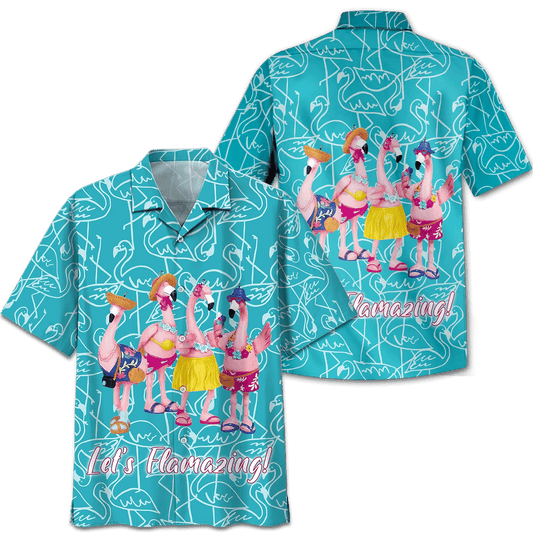 NoClaws Flamingo Hawaii Shirt Let’s Flamazing Tropical Pattern Hawaiian Shirt Pink Blue Unisex