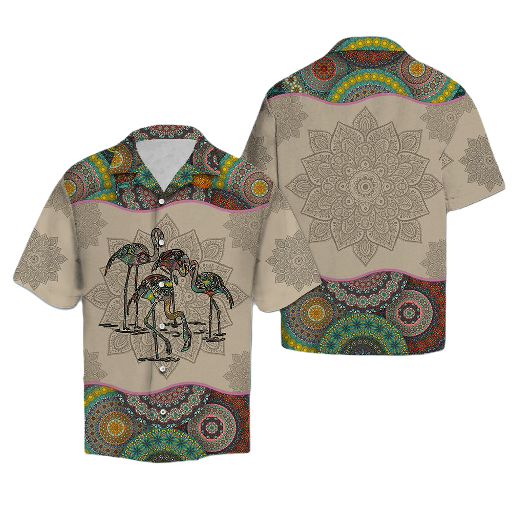 NoClaws Flamingo Hawaii Shirt Pact Of Flamingo Mandala Pattern Hawaiian Shirt Green Gray Unisex