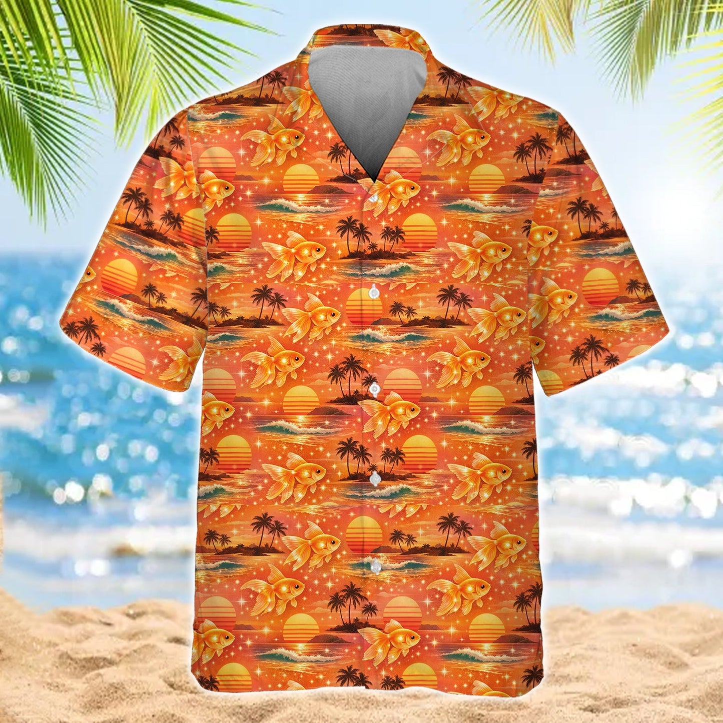 Goldfish Hawaiian Shirt, Sunset Beach Tropical Aloha Shirt, Ocean Summer Vacation Shirt