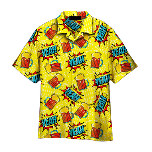 NoClaws Beer Hawaii Shirt Beer Mug Yeah Cheering Pattern Hawaiian Shirt Yellow Unisex