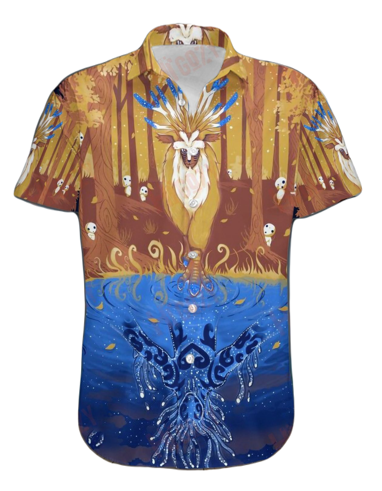 NoClaws Studio Ghibli Hawaii Shirt Princess Mononoke Forest God Graphic Hawaiian Shirt Orange Blue Unisex