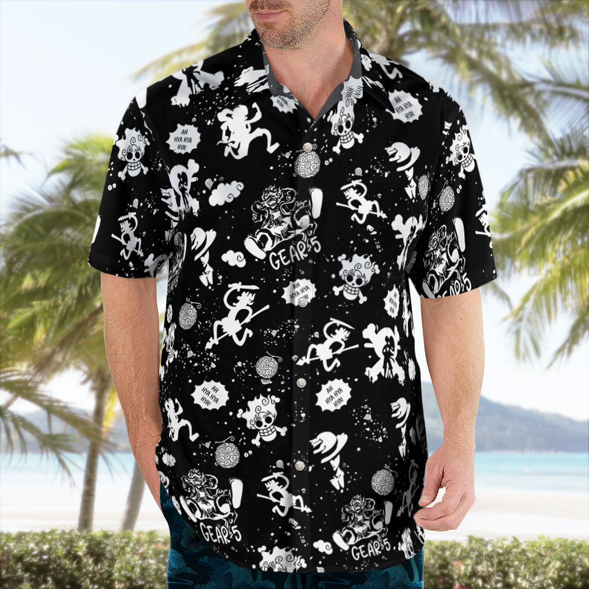 Luffy Gear 5 Pattern Black White Hawaiian Shirt For Sale