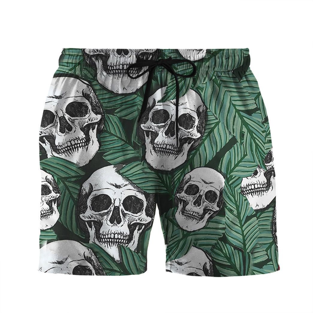 Skull Shorts Skull and Tropical Leaf Pattern Beach Shorts White Green