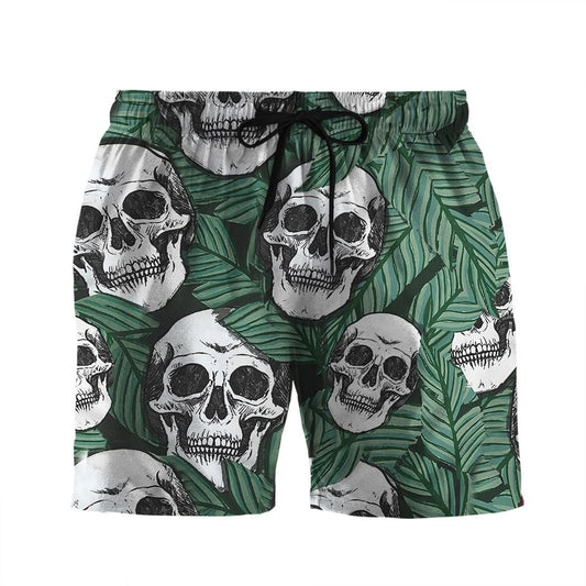 Skull Shorts Skull and Tropical Leaf Pattern Beach Shorts White Green