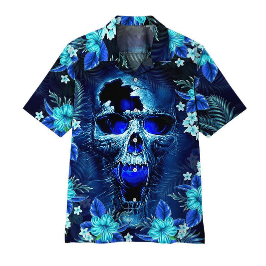 NoClaws Skull Hawaii Shirt Scary Skull Screaming Hibiscus Flower Hawaiian Shirt Blue Unisex