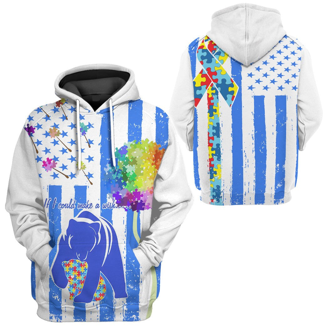 Autism Hoodie If I Could Make A Wish Flag And Bear T-shirt Whie Blue Unisex