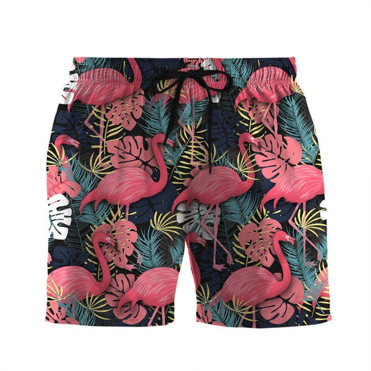 Flamingo Shorts Flamingo Bird and Tropical Flowers Beach Shorts Black Pink