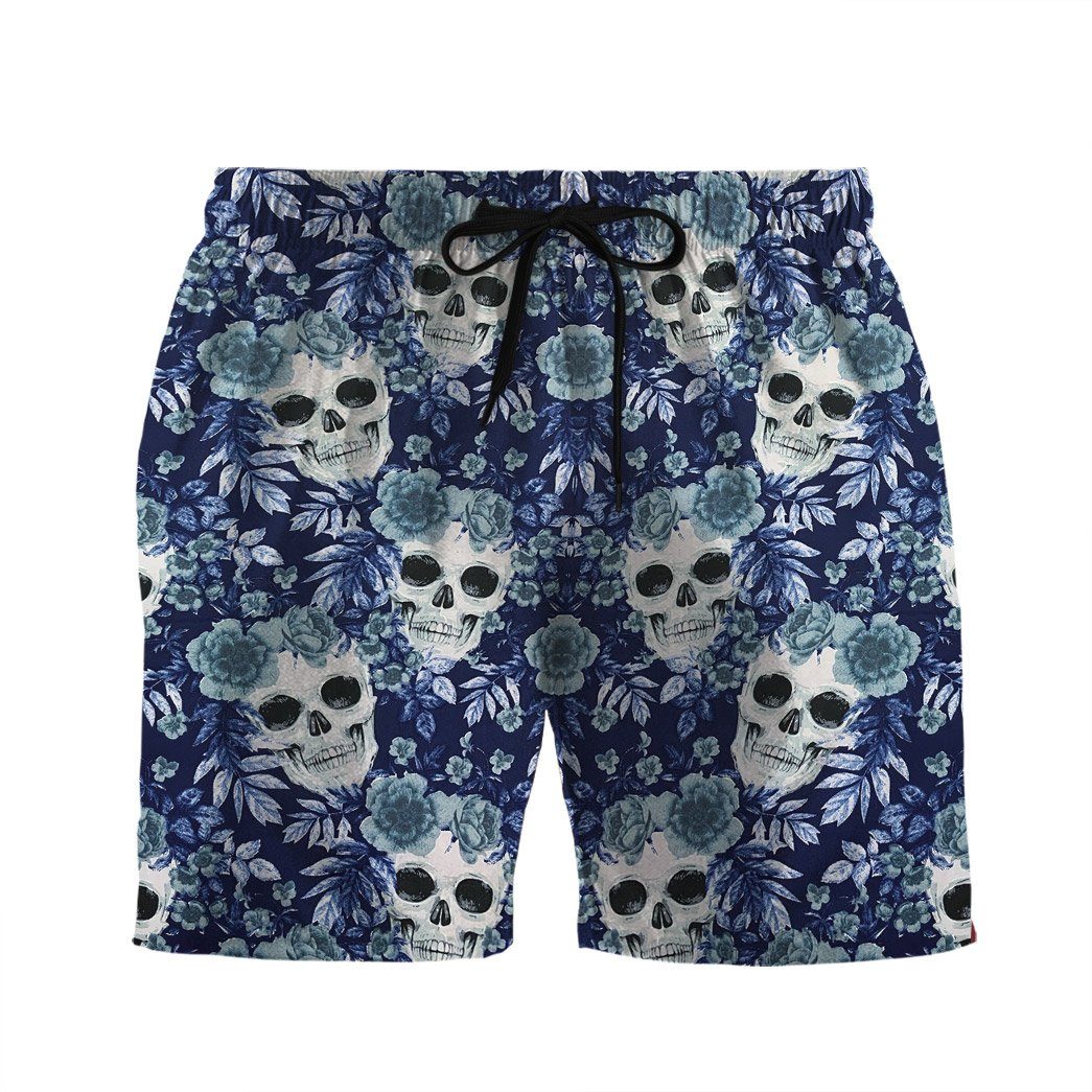 Skull Shorts Flower on Skulls Pattern Beach Shorts Blue
