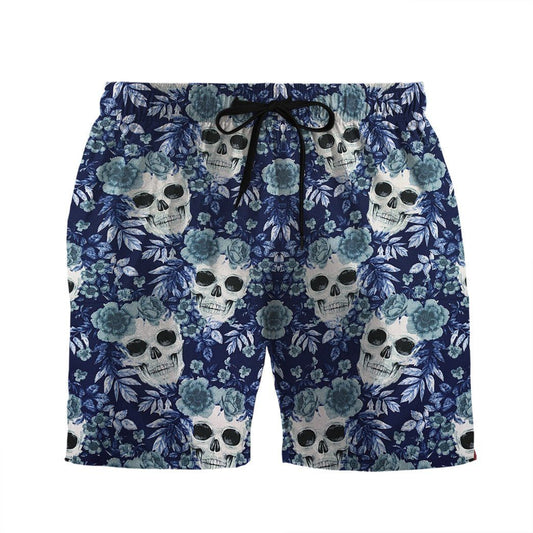 Skull Shorts Flower on Skulls Pattern Beach Shorts Blue