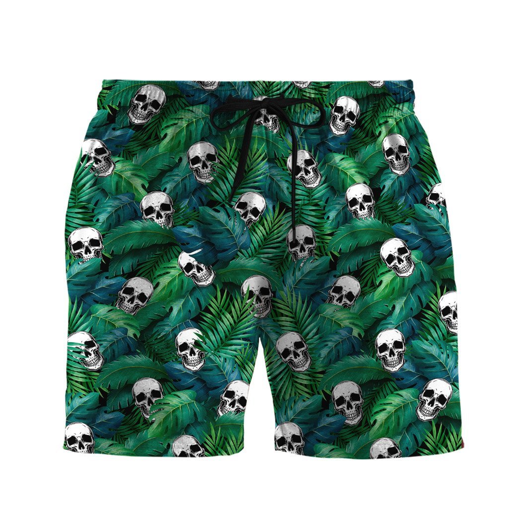 Skull Shorts Skull in Tropical Jungle Pattern Beach Shorts White Green