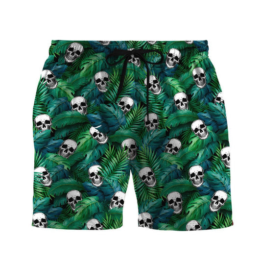 Skull Shorts Skull in Tropical Jungle Pattern Beach Shorts White Green