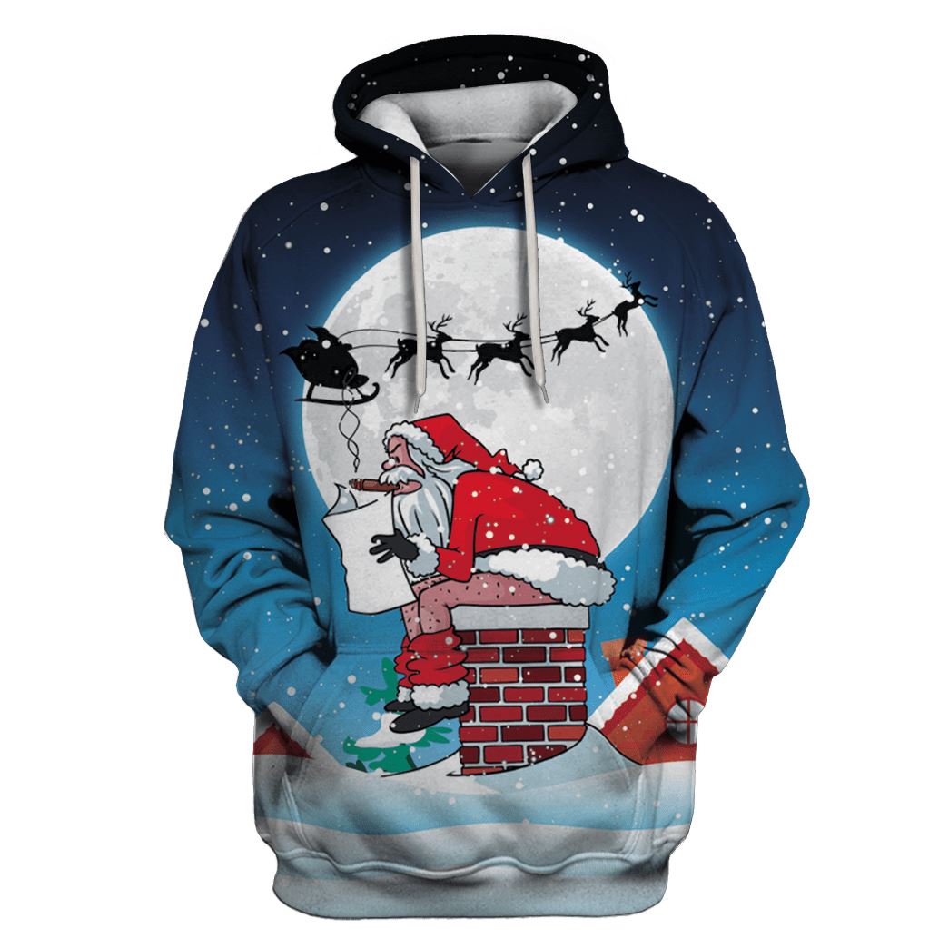 Funny Hoodie Santa Claus Sitting On Christmas Chimney Hoodie Blue White Unisex