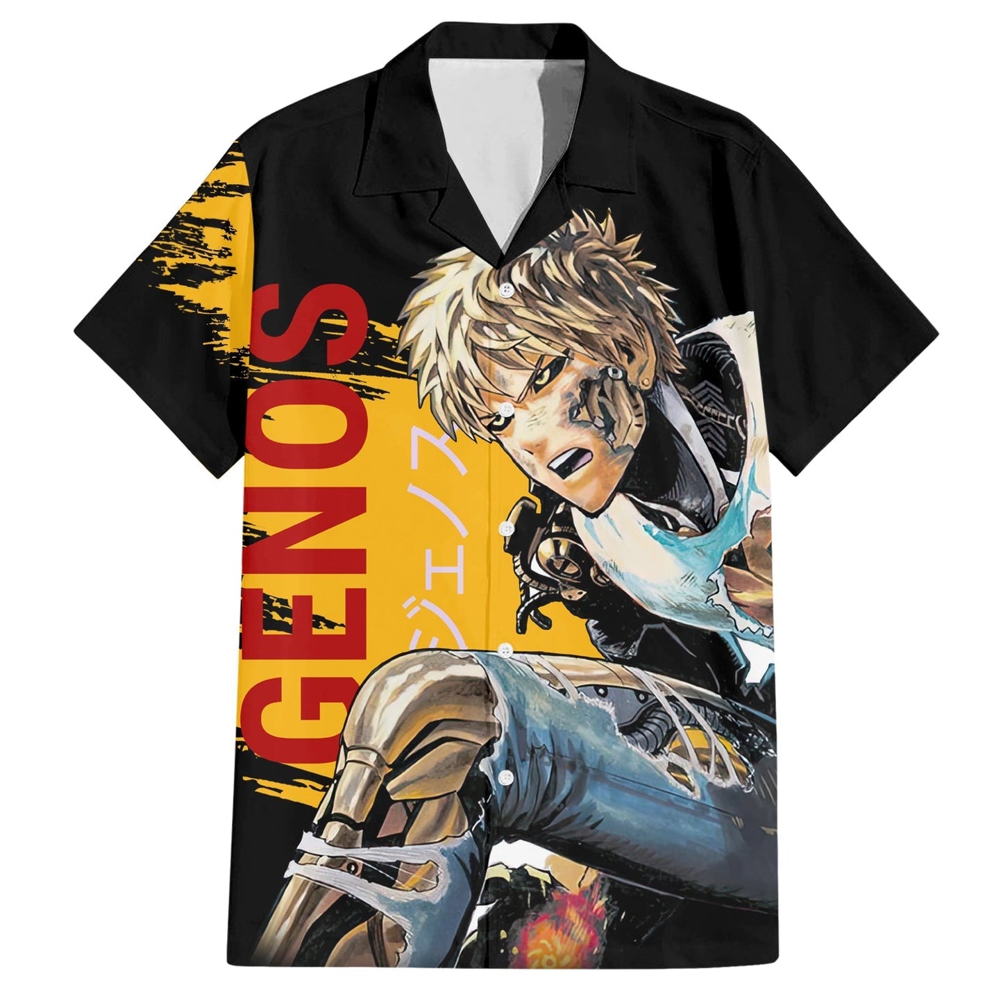 NoClaws NoClaws One Punch Man Hawaii Shirt One Puch Man Genos Hero Graphic Hawaiian Shirt Black Yellow Unisex