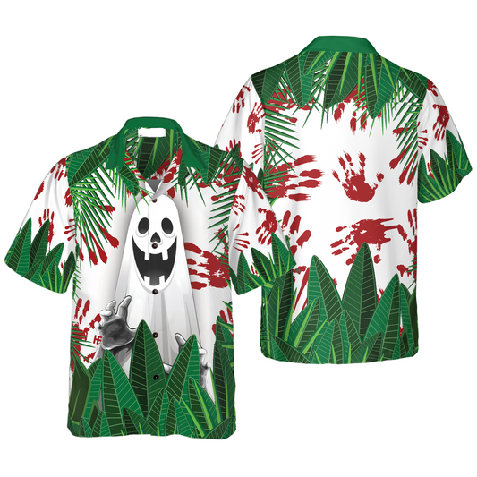 NoClaws Halloween Hawaii Shirt Ghost In The Bushes Halloween Hawaiian Shirt White Green Unisex